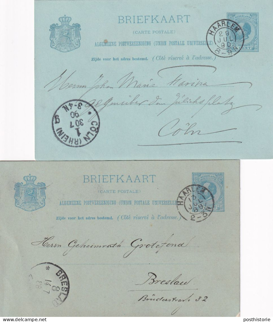 Briefkaarten 1888 En 1890  Haarlem (kleinrond) Naar Keulen En Breslau - Postal History