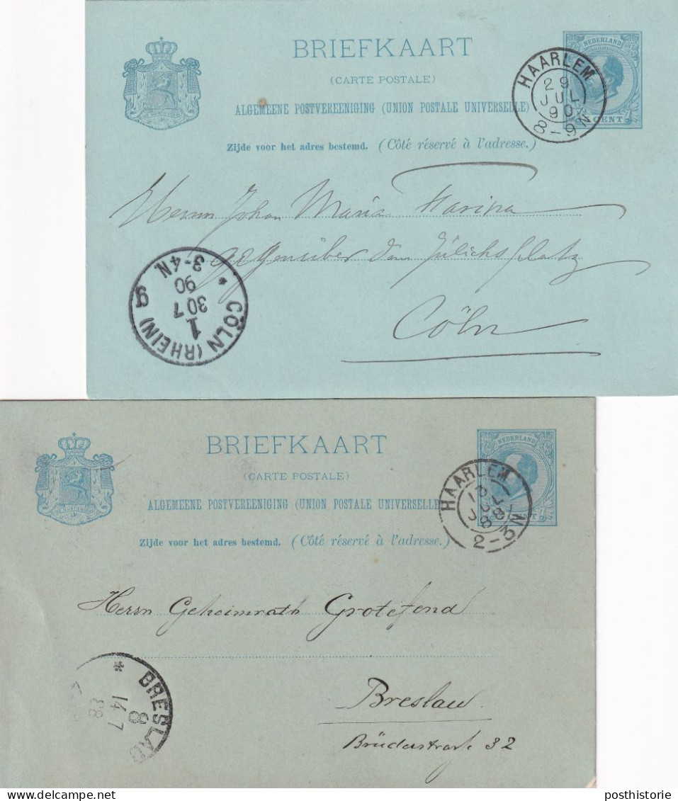 Briefkaarten 1888 En 1890  Haarlem (kleinrond) Naar Keulen En Breslau - Marcofilia