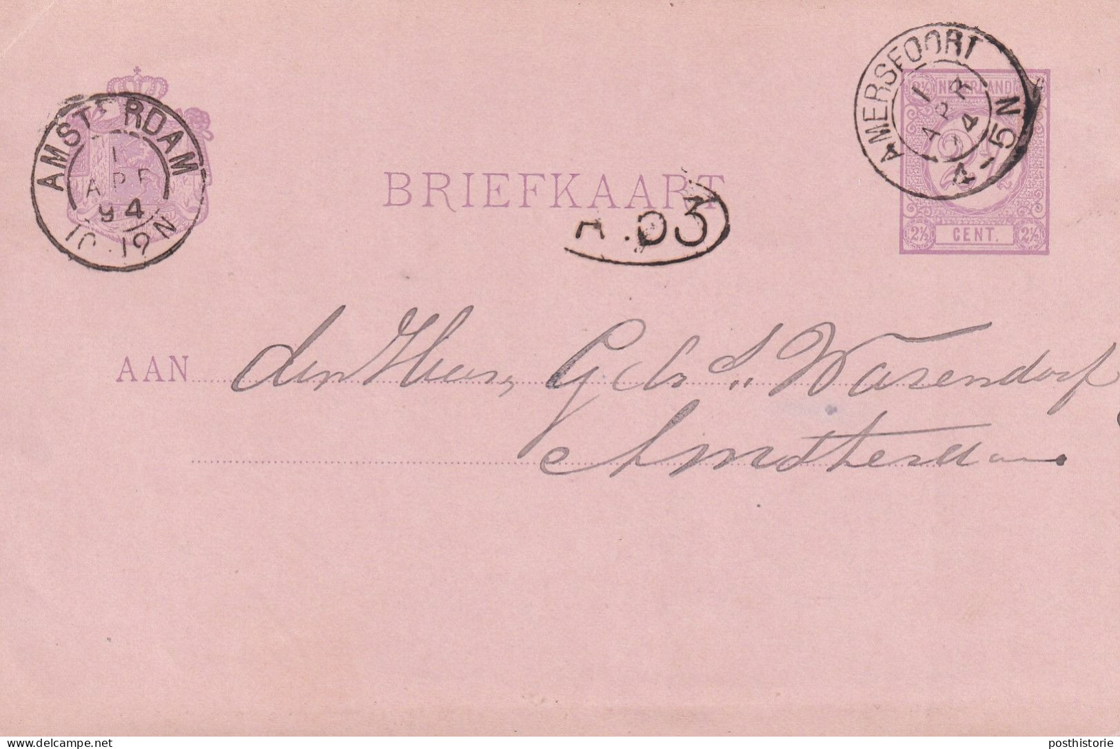 Briefkaart 1apr 1894 Amersfoort (kleinrond) Naar Amsterdam - Poststempels/ Marcofilie