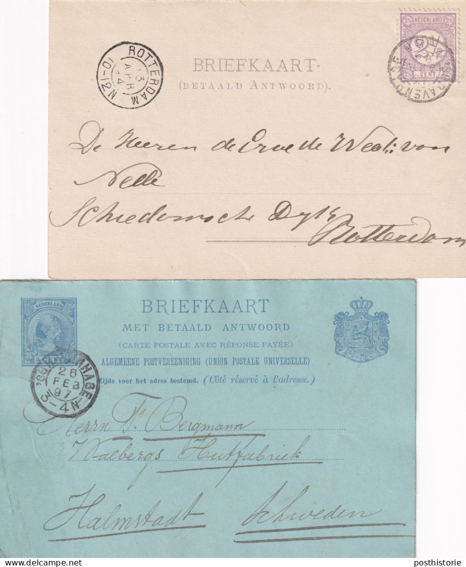 Briefkaarten (met) Betaald Antwoord 1894 En 1897 's Gravenhaget (kleinrond) Naar Halmstad En Rotterdam - Poststempels/ Marcofilie