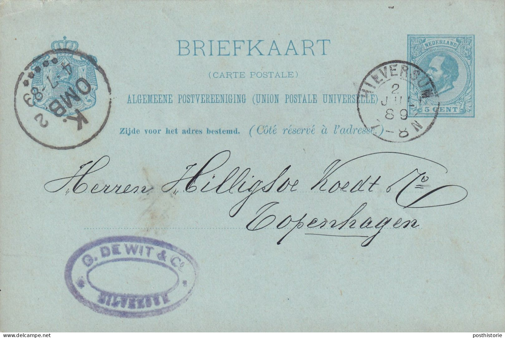 Briefkaart 2 Jukl 1889 Hilversum (kleinrond) Naar Kopenhagen - Postal History