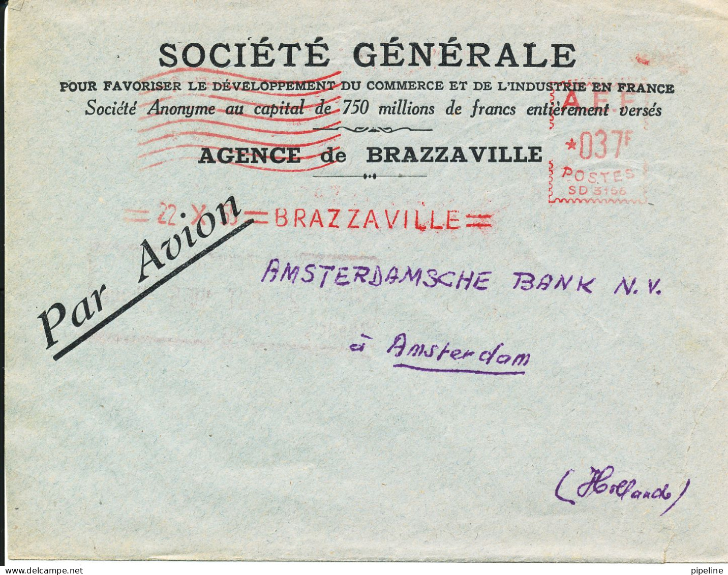 A.E.F. Air Mail Cover With RED Meter Cancel Brazzaville 22-10-1955 Sent To Netherlands - Lettres & Documents