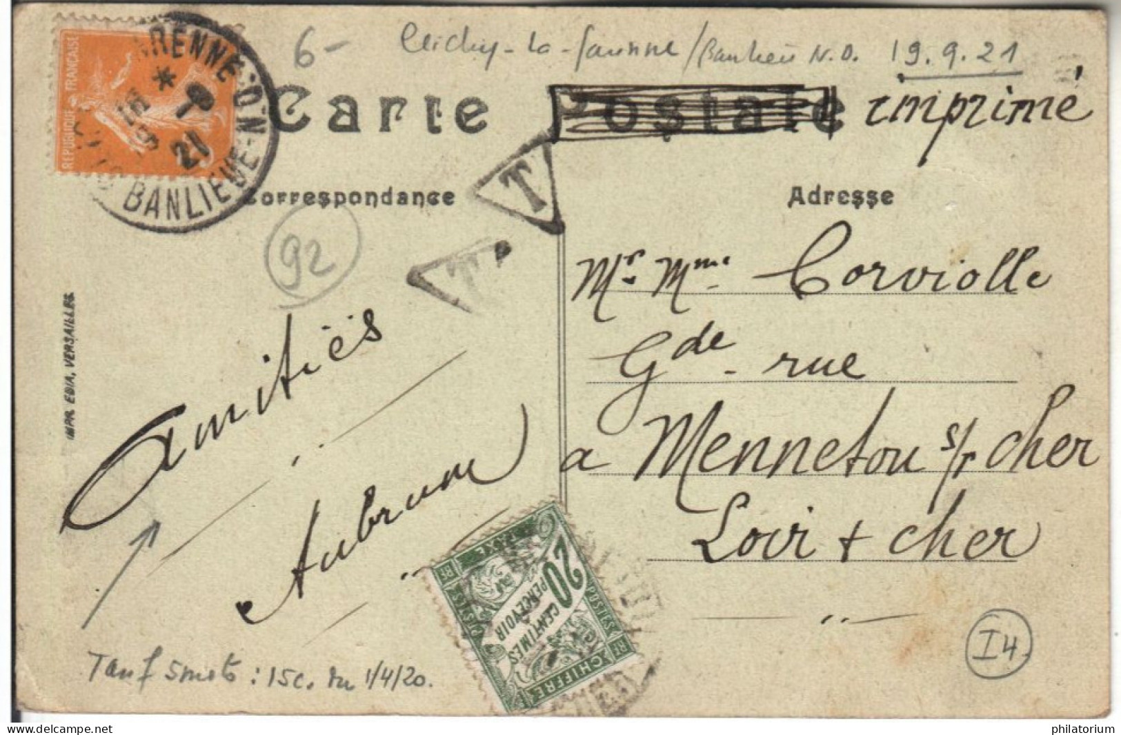 92 Clichy La Garenne, 19 9 1921, Tarif Imprimé Du 1 4 21, Taxé Au Tarif CP - De 5 Mots, - Tarifas Postales