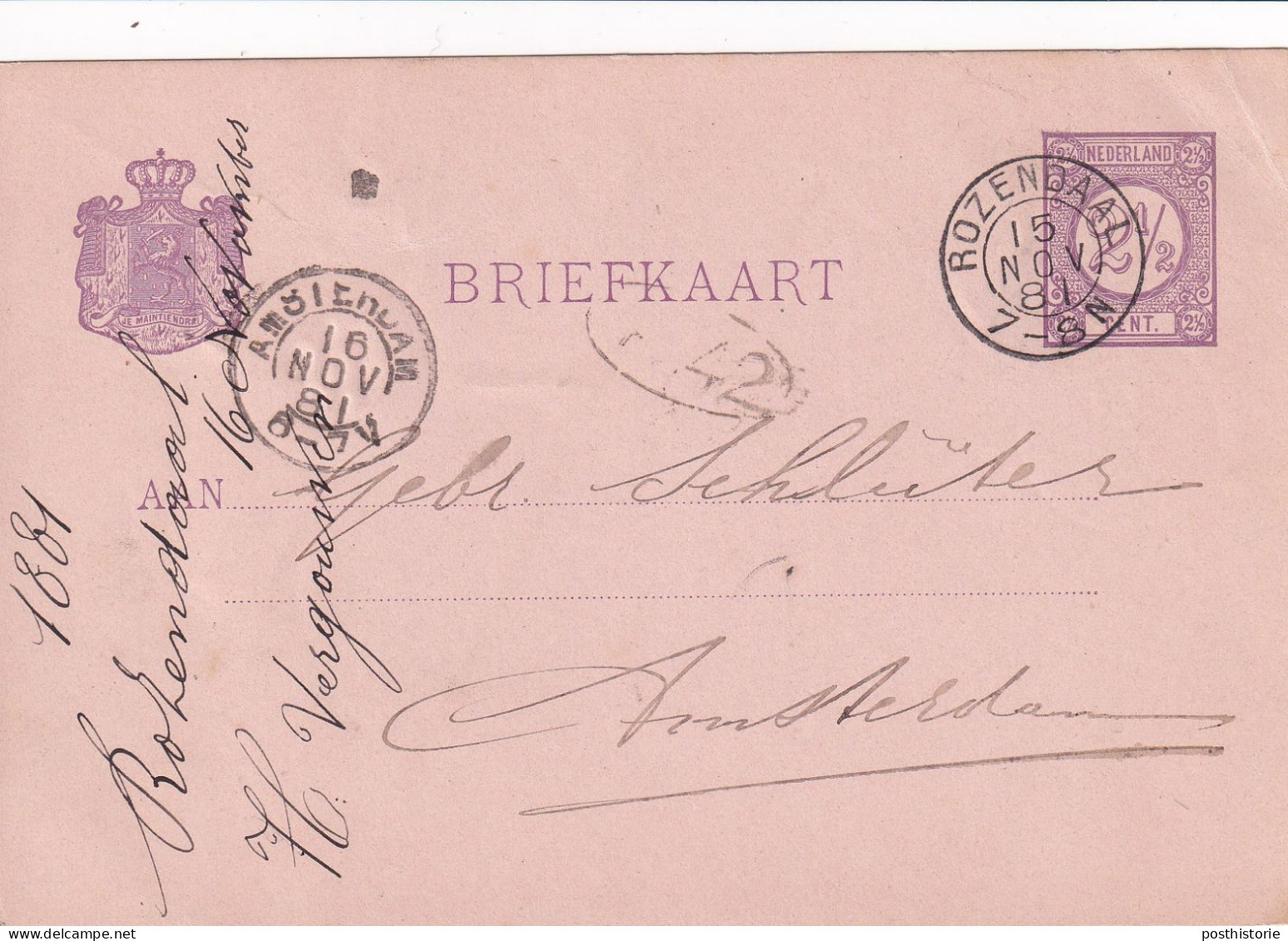 Briefkaart 15 Nov 1881 Rozendaal (kleinrond) Naar Amsterdam - Storia Postale