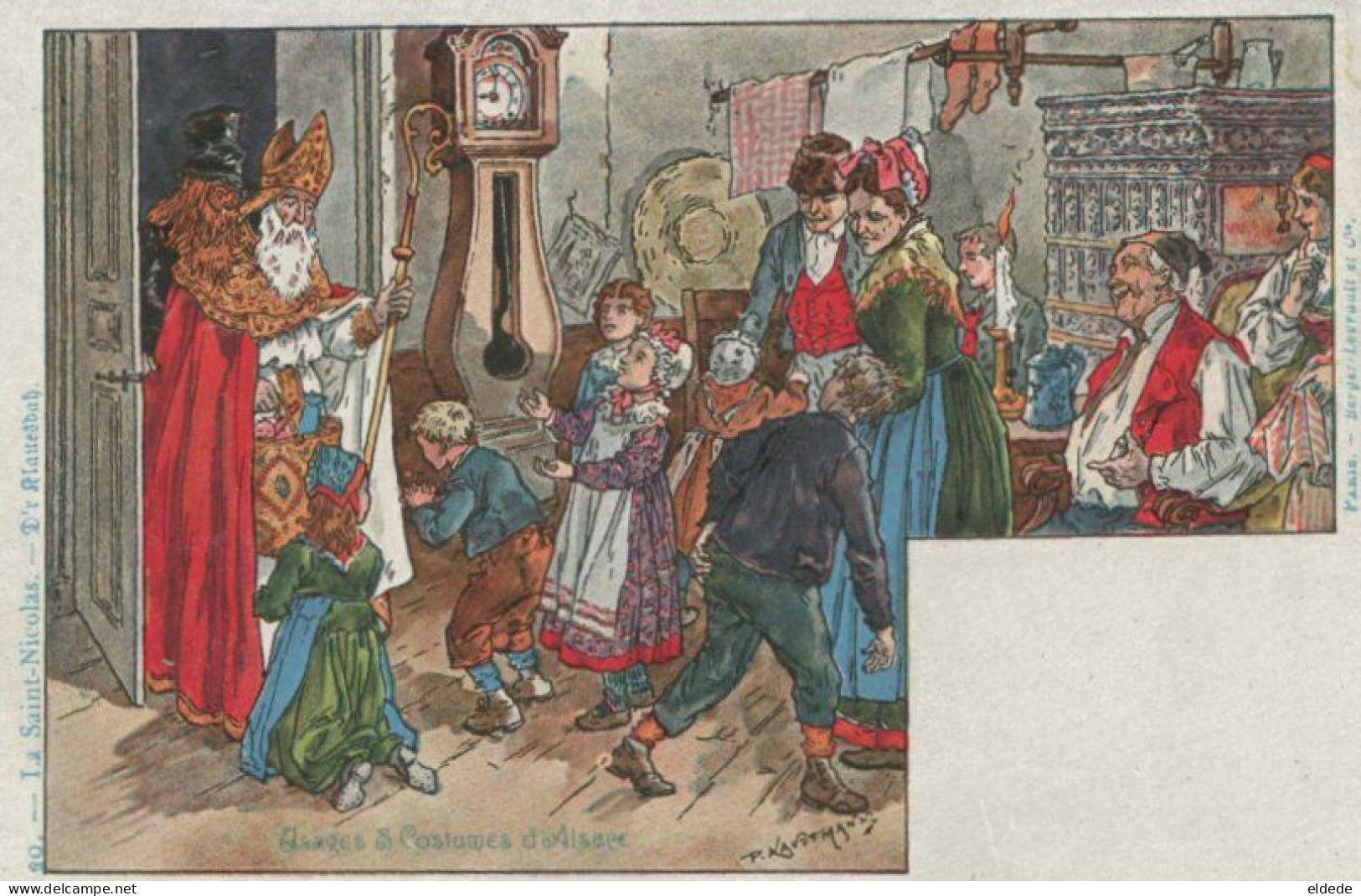 Litho Saint Nicolas Père Noel  Alsace Horloge Comtoise - San Nicolás