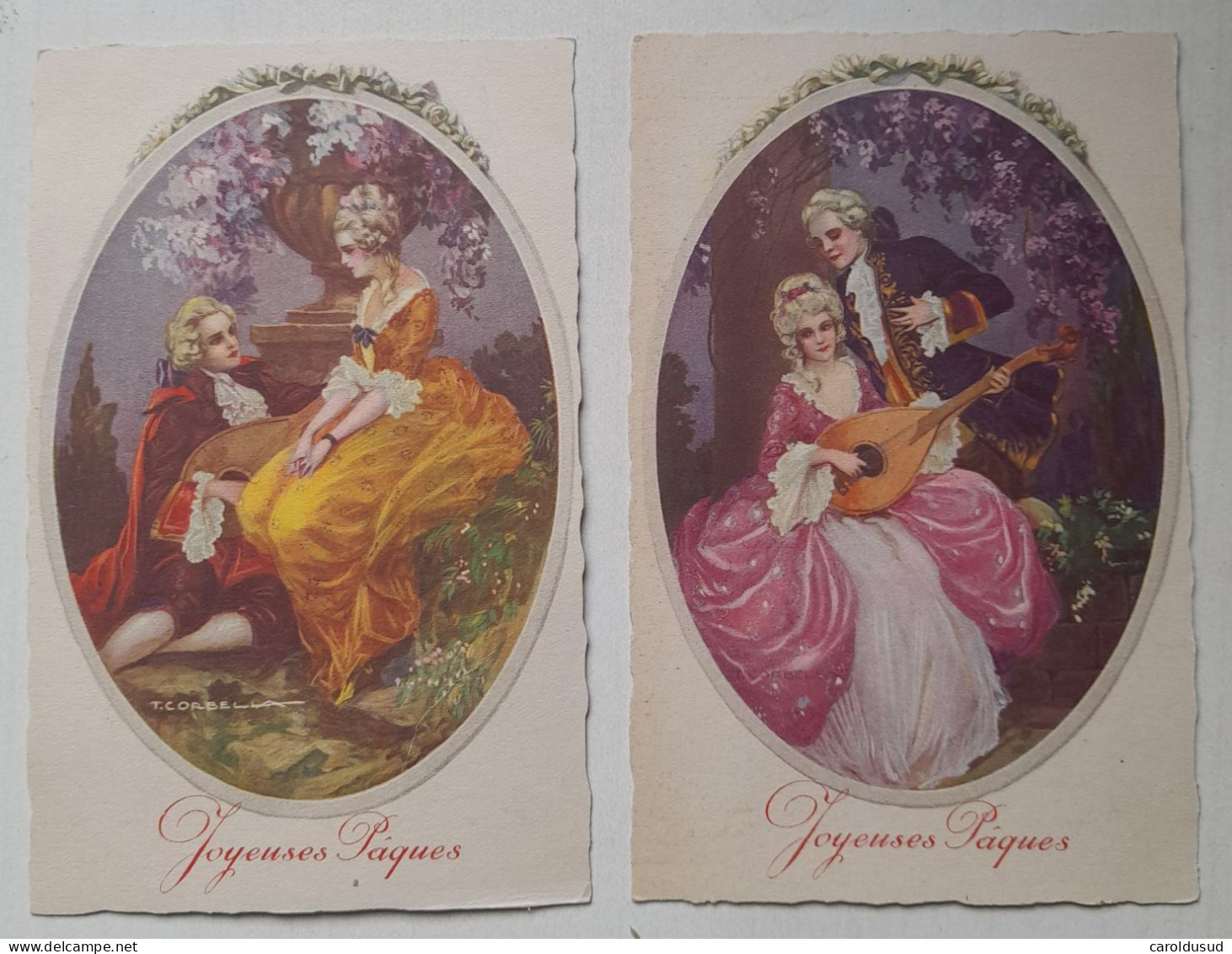 Cpa Lot 2x Litho Illustrateur Corbella Degami 852 Couple Marquis En Medaillon Serenade Mandoline  Fete Paques Top - Corbella, T.