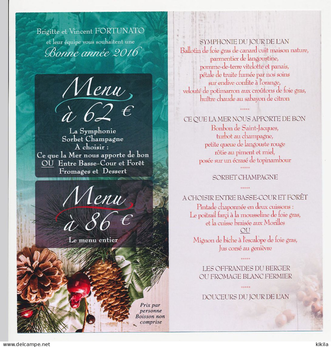 Menu De L'Auberge De MALATRAS à TULLINS Isère Pour Le Repas Du 1er Janvier 2016 - Menükarten