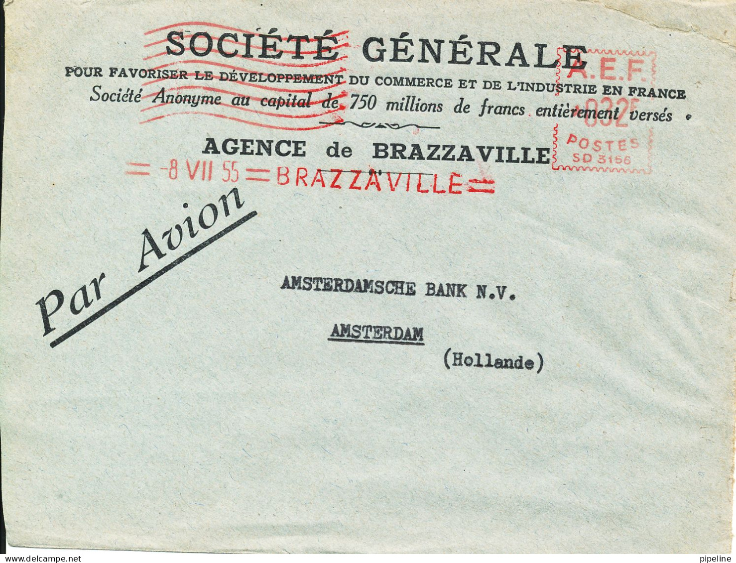 A.E.F. Air Mail Cover With RED Meter Cancel Brazzaville 8-7-1955 Sent To Netherlands - Lettres & Documents