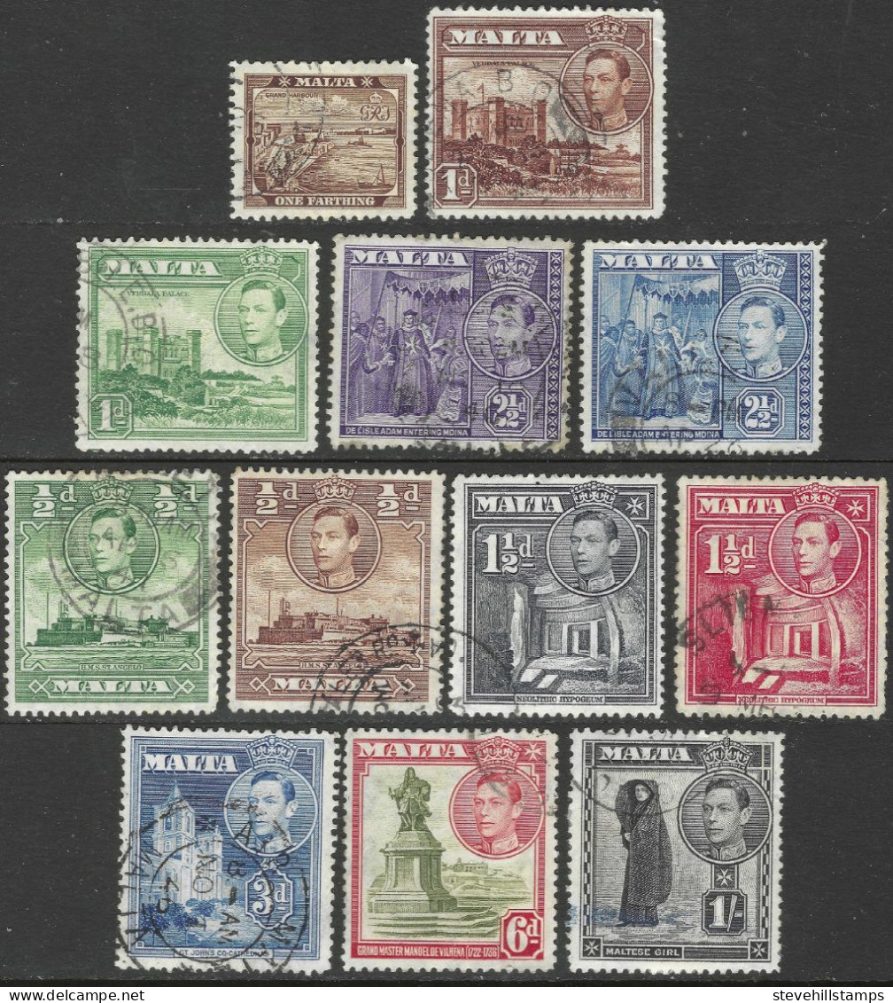 Malta. 1938-43 King George VI.  12 Used Values To 1/-. SG 217etc M4125 - Malte