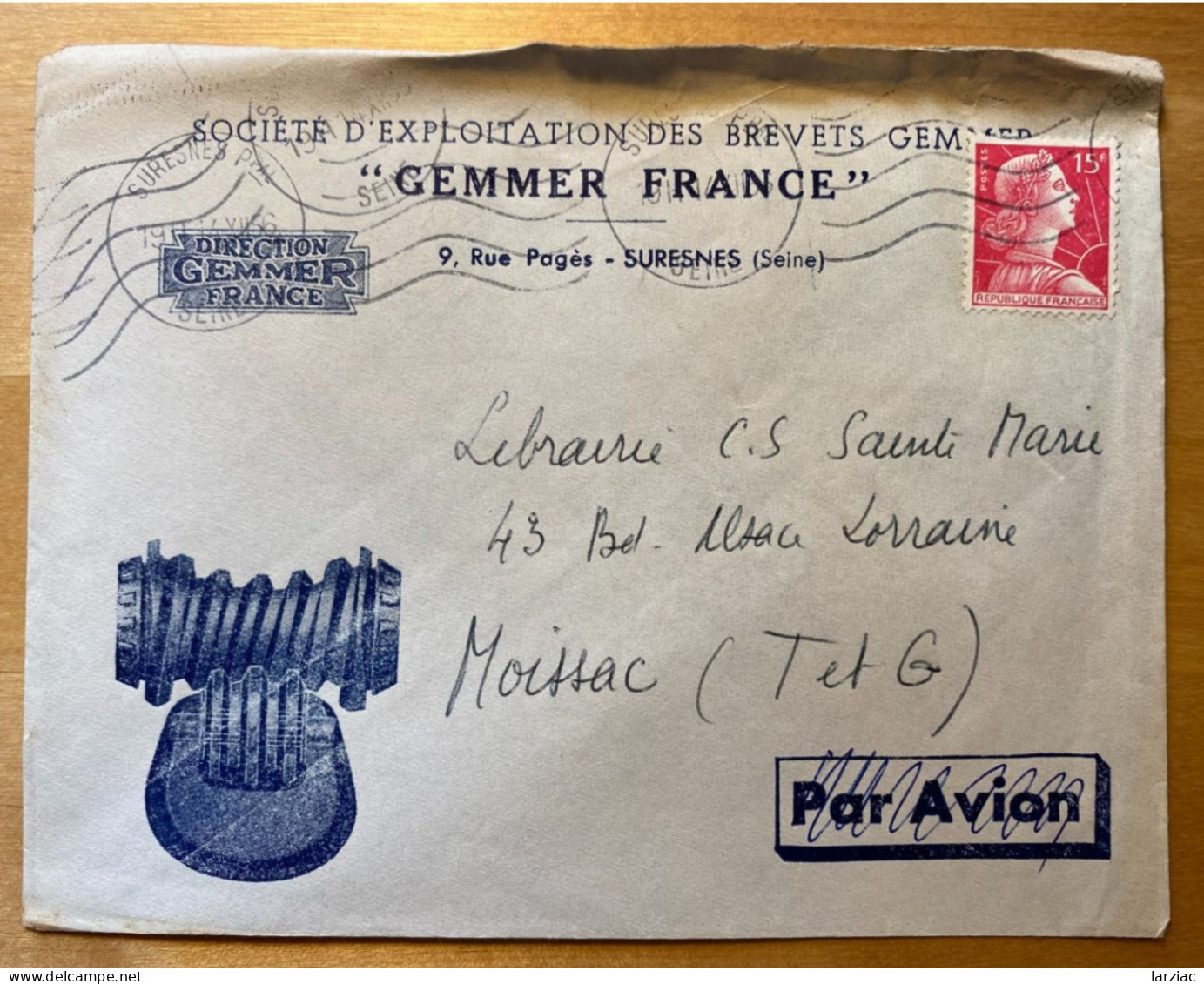 Enveloppe Commerciale Illustrée Gemmer France Affranchie Type Muller Oblitération Suresnes Principal 1956 - Mechanical Postmarks (Other)