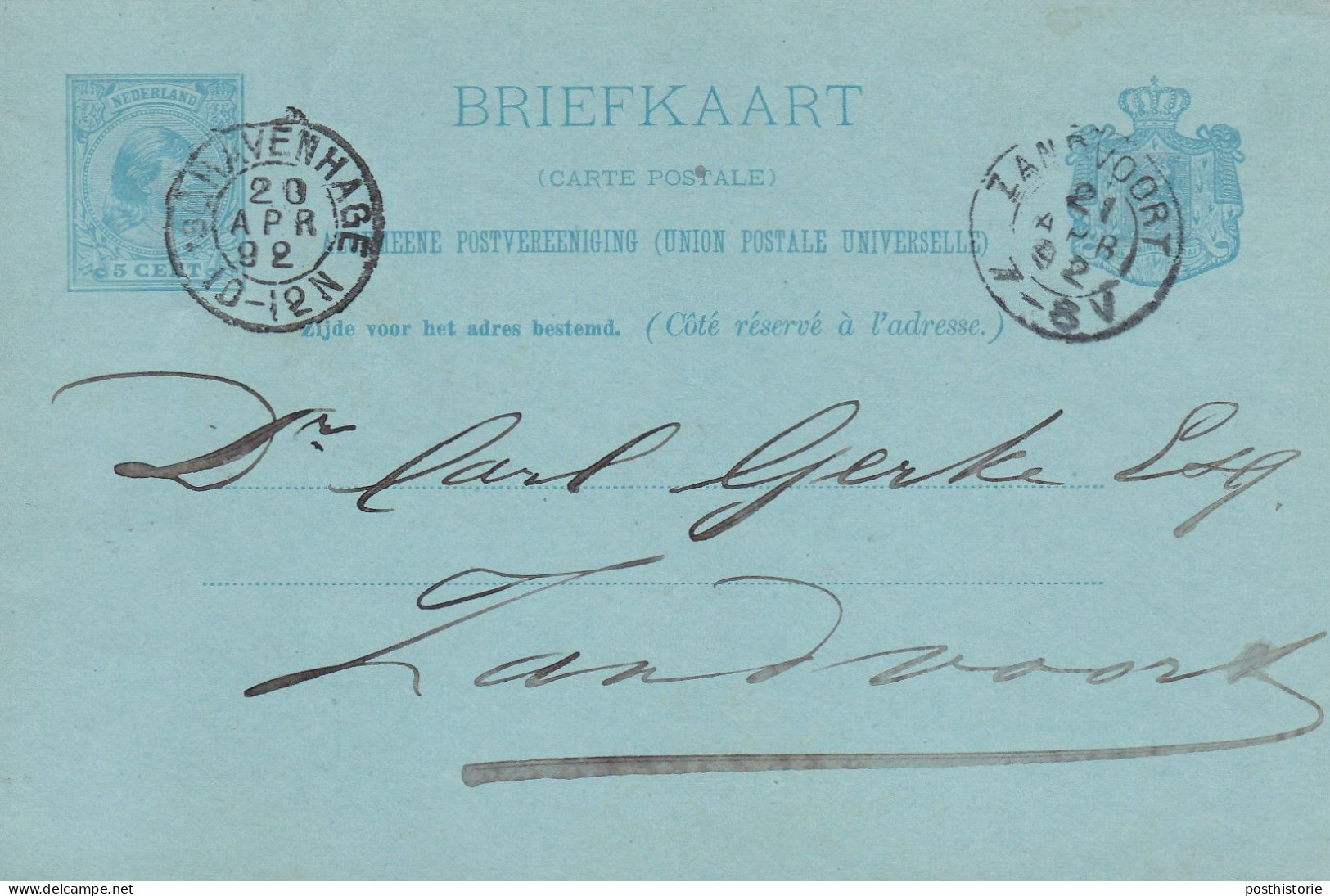 Briefkaart 20 Apr 1892 's Gravenhage(kleinrond) NaarZandvoort (kleinrond) - Storia Postale