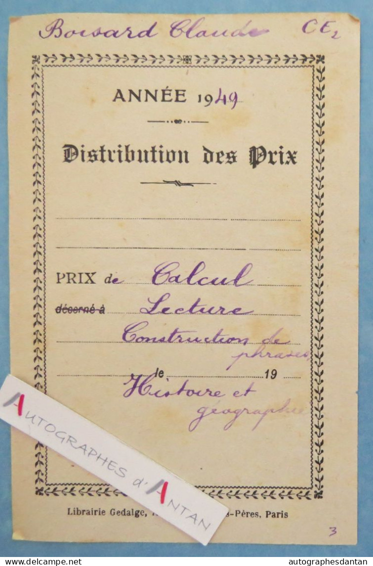 ● Claude BOISARD 1949 Distribution Des Prix - Calcul Lecture Construction De Phrases Histoire Géographie - Diplomas Y Calificaciones Escolares