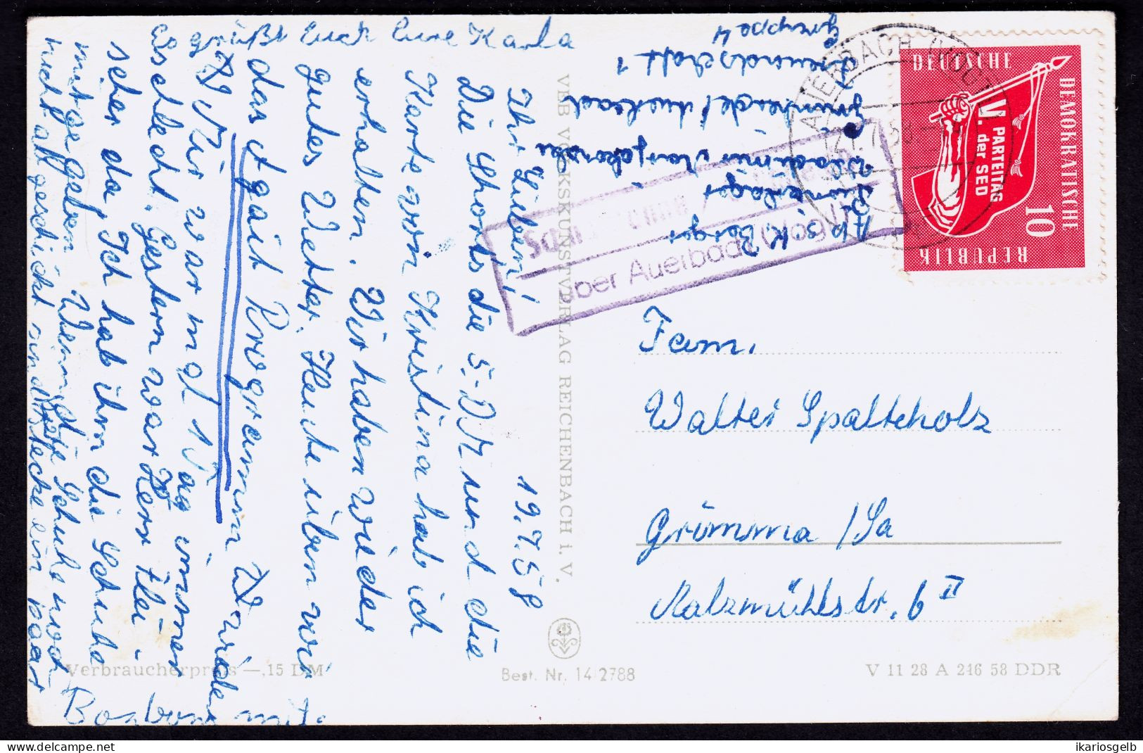 SCHNARRTANNE über AUERBACH Vogtland 1958 LANDPOSTSTEMPEL Blau 10Pf-Parteitag-SM Ansichtskarte Auerbach> Grimma - Briefe U. Dokumente