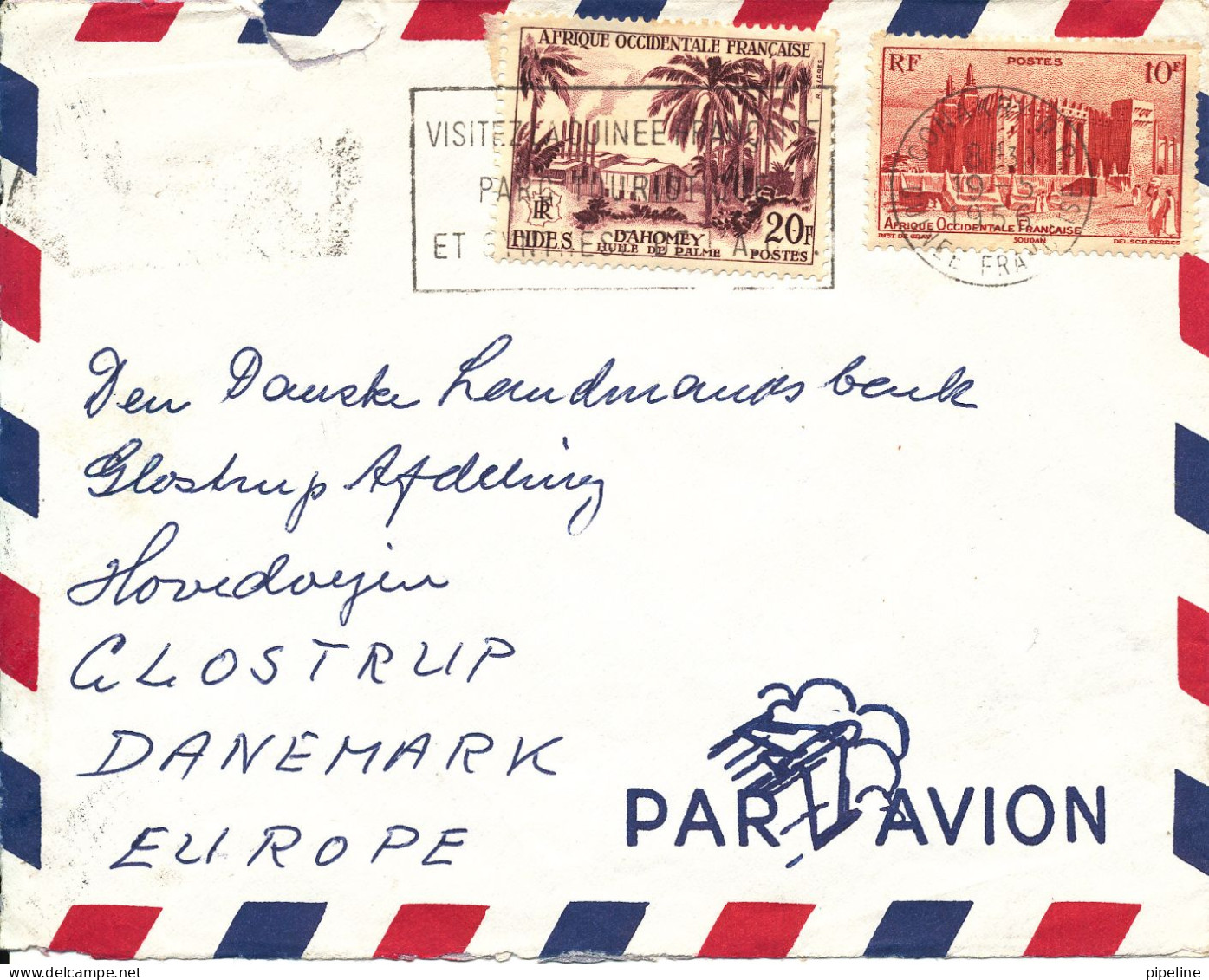 A.O.F. Air Mail Cover Sent To Denmark 19-5-1956 The Top Of The Cover Is Damaged - Lettres & Documents