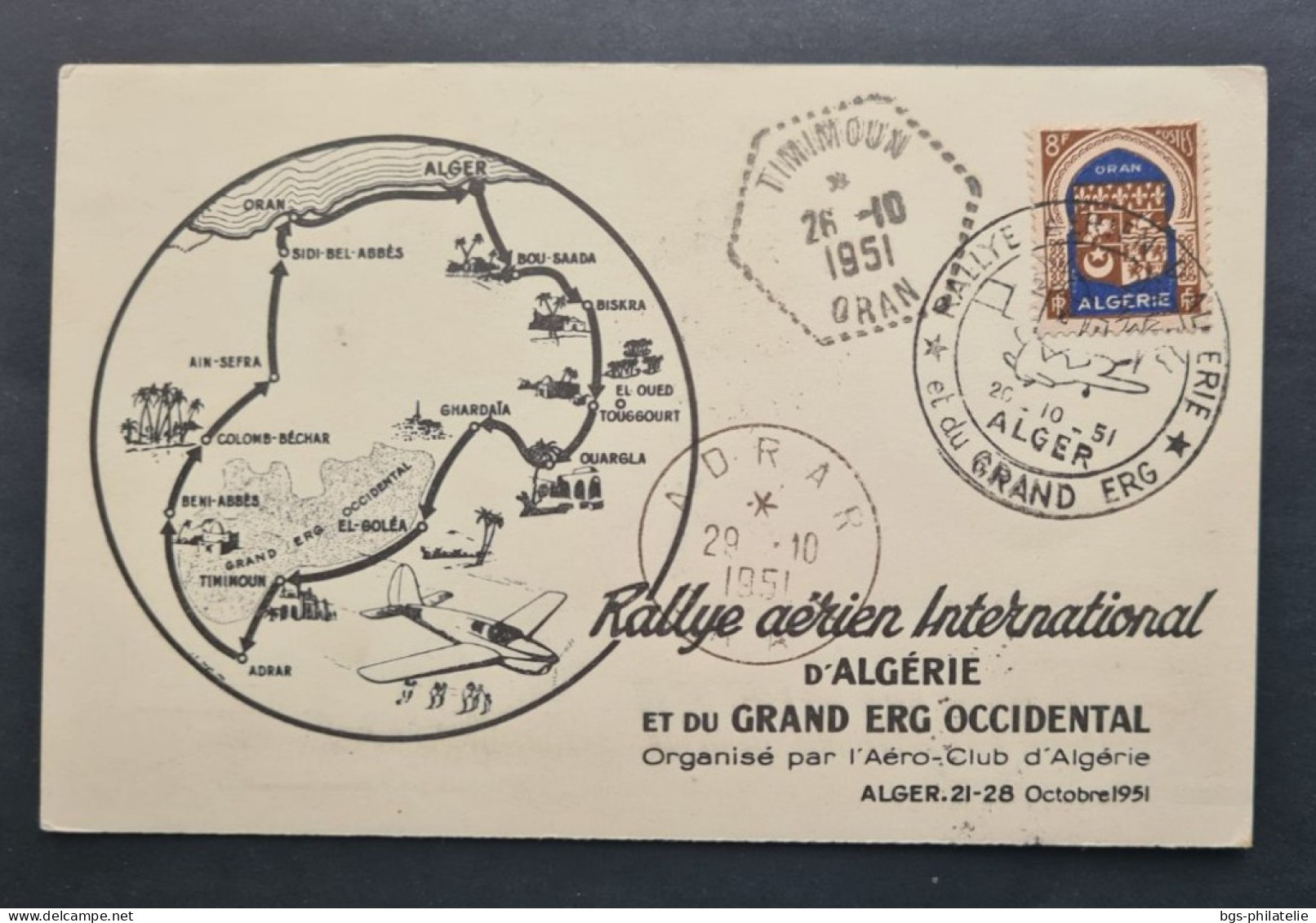 ALGÉRIE,  Timbre N ° 269 Sur CP Rallye  Aérien International D'Algérie Le 29 /10/ 1951. - Covers & Documents