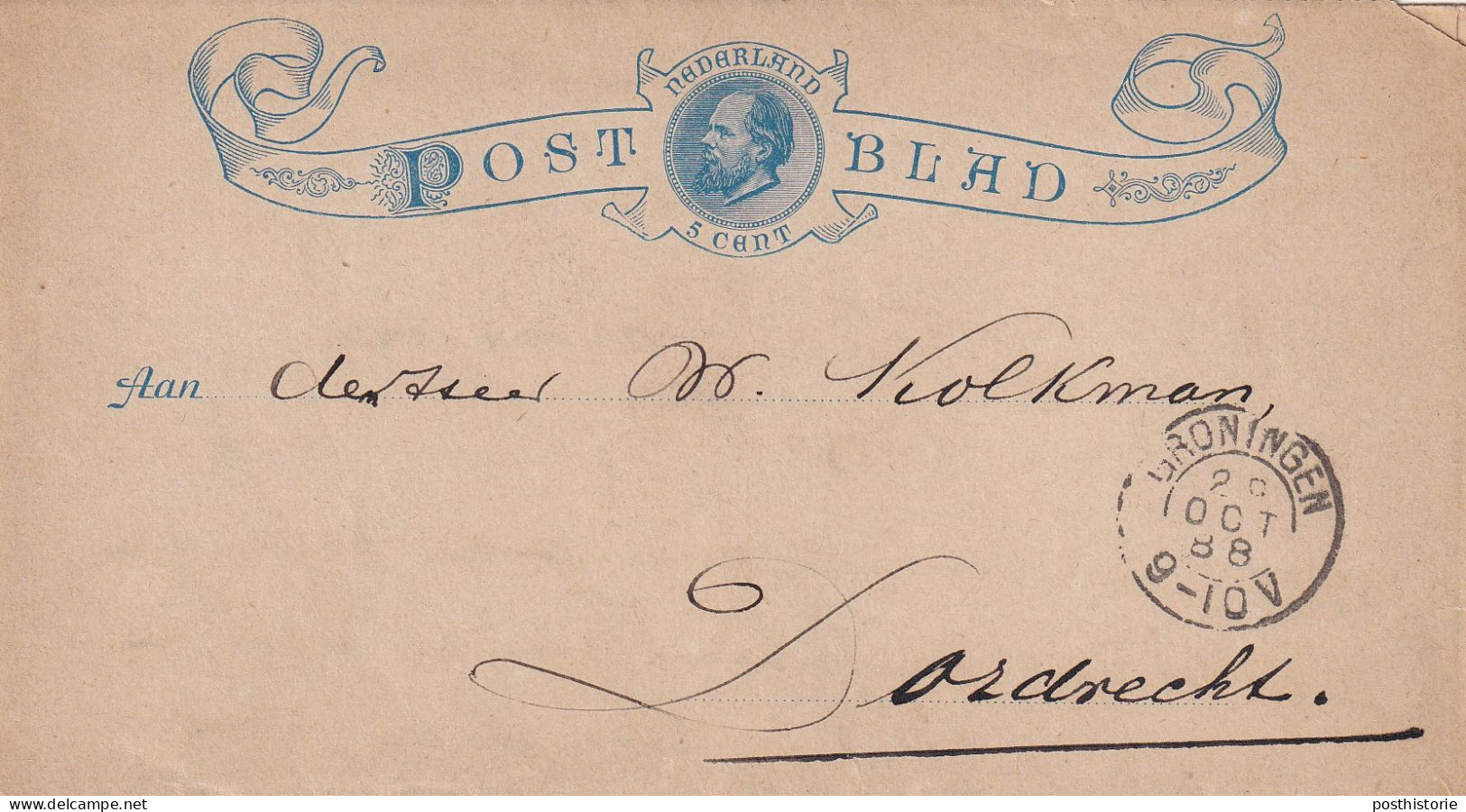 Postblad 29 Okt 1888 Gronignen (kleinrond) Naar Dordrecht (kleinrond) - Poststempel