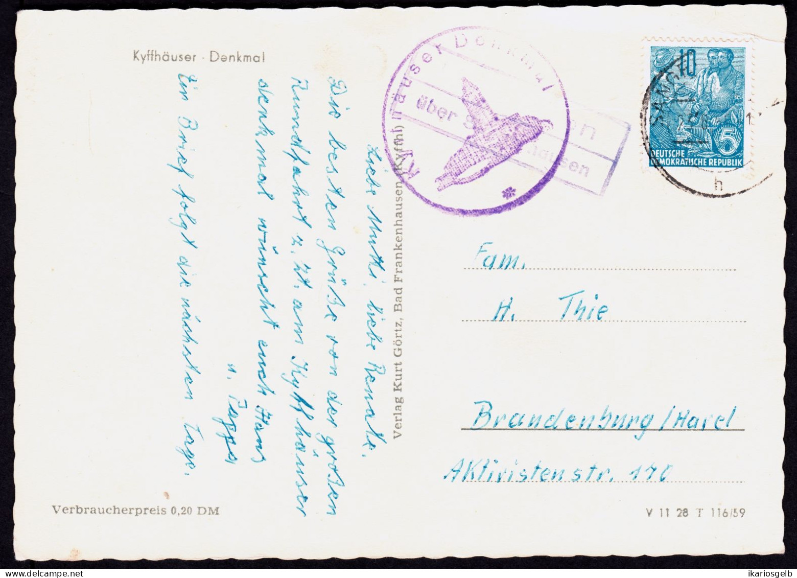 STEINTHALEBEN über SANGERHAUSEN 1958 LANDPOSTSTEMPEL Blau 10Pf-Aufbau Ansichtskarte Kyffhäuser > Brandenburg Havel - Briefe U. Dokumente