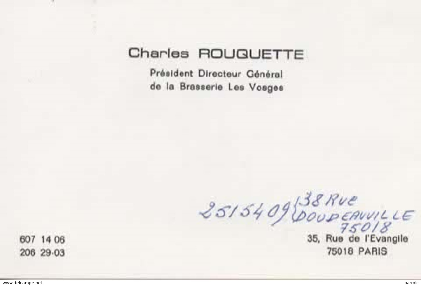 CARTE DE VISITE, CHARLES ROUQUETTE, PDG DE LA BRASSERIE LES VOSGES A PARIS  REF 15752 - Tarjetas De Visita