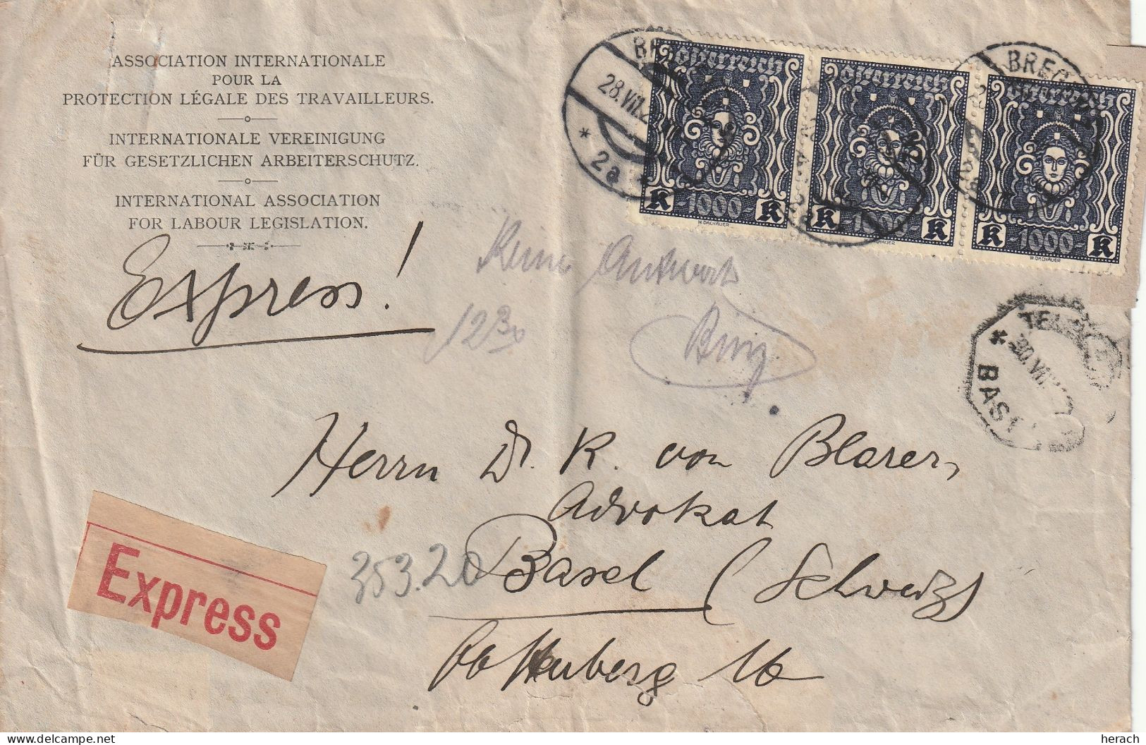 Autriche Lettre Par Exprès Bregenz Pour La Suisse 1923 - Briefe U. Dokumente