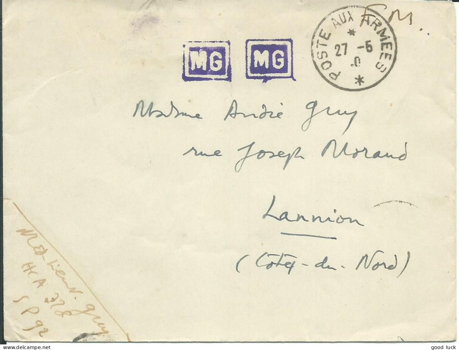 FRANCE LETTRE FM POSTE AUX ARMEES SP 92 POUR LANNION ( COTES DU NORD ) DE 1950  LETTRE COVER - Bolli Militari A Partire Dal 1900 (fuori Dal Periodo Di Guerra)