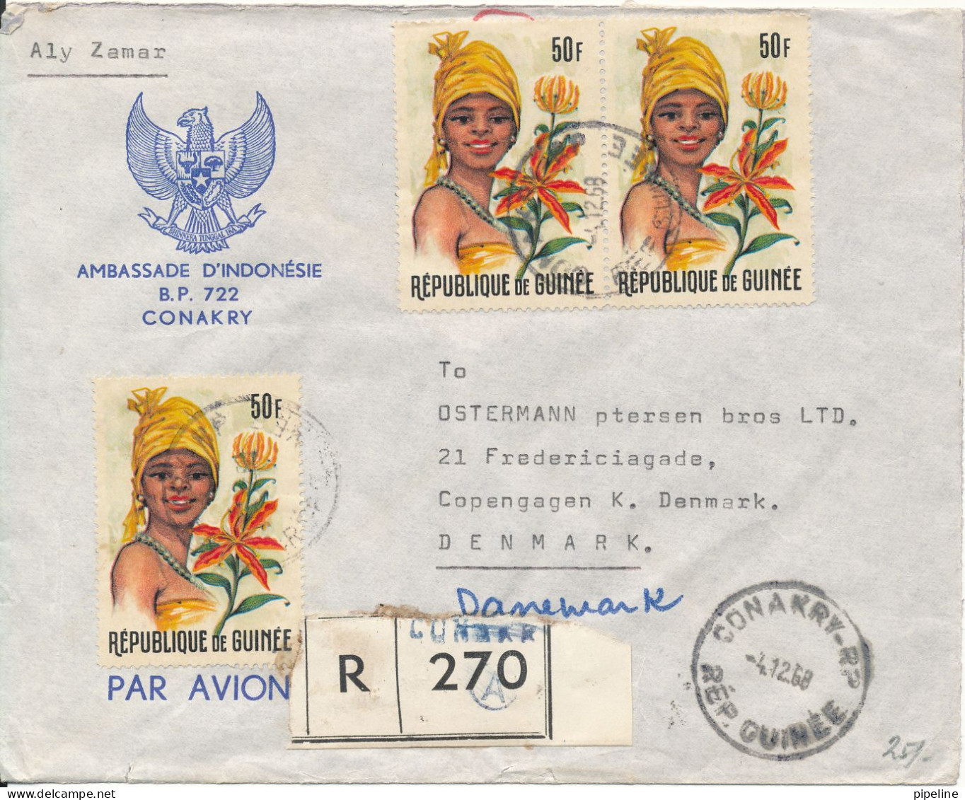 Guinea Registered Air Mail Cover Sent To Denmark 4-12-1968 A Tear On The Backside Of The Cover - Guinee (1958-...)