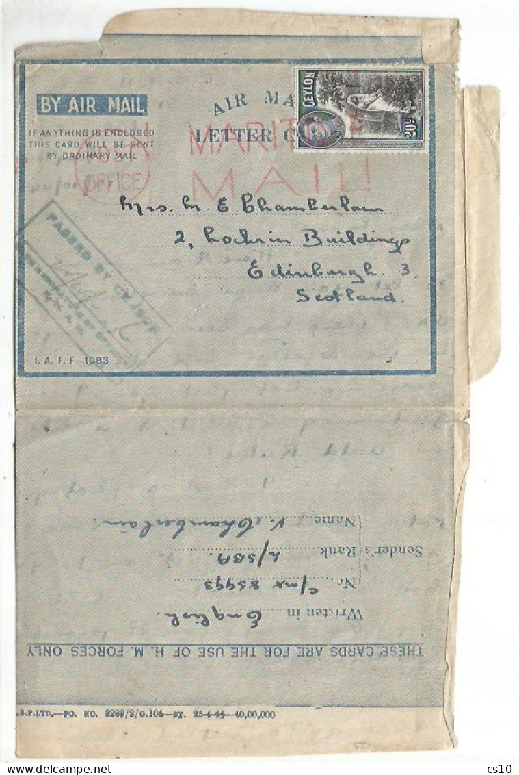 Ceylon Maritime Mail ( Inside "Colombo 19oct1944") Aerogramme Regular C.20 KG5 X Scotland - Censored - Poste