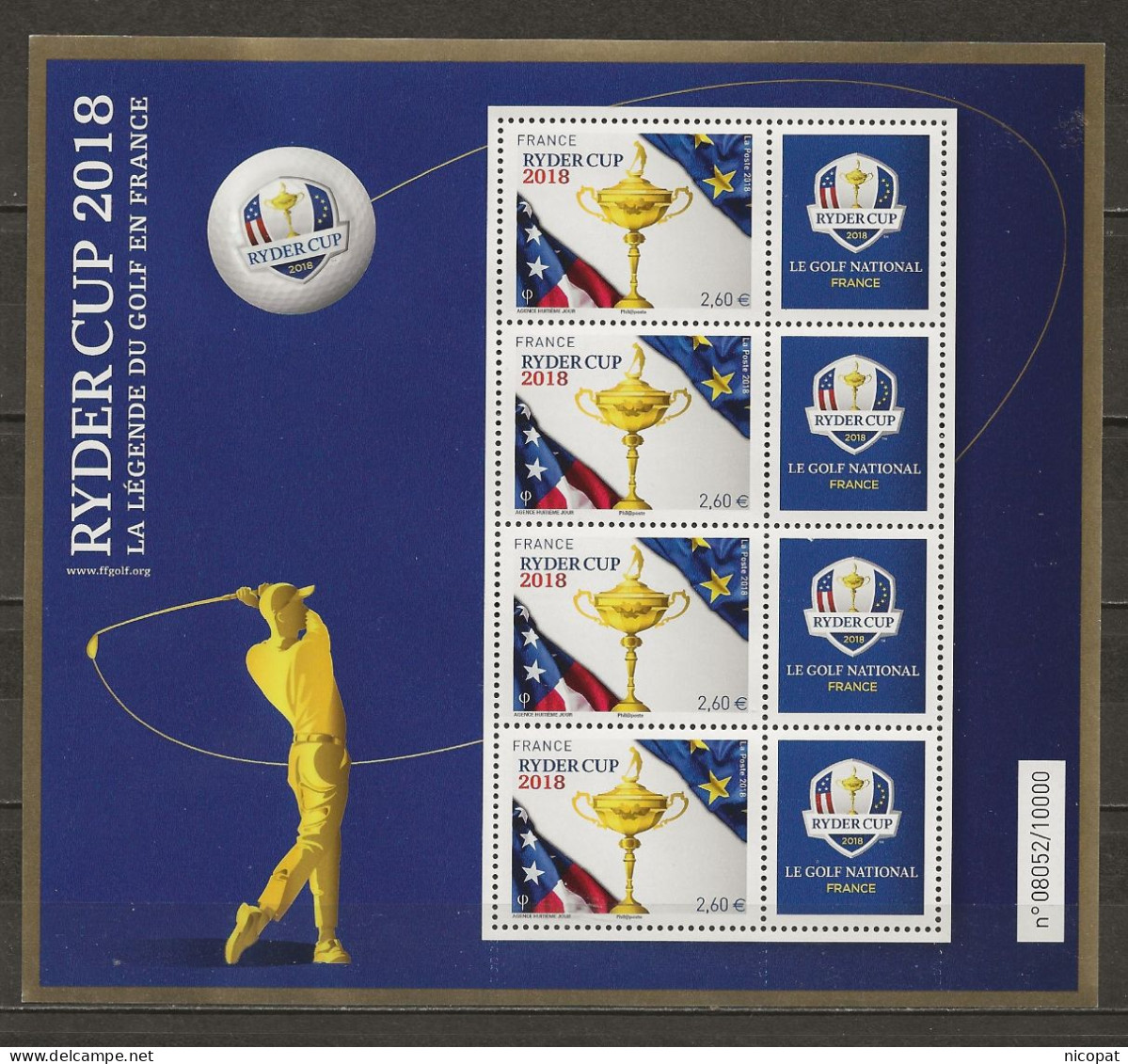 FRANCE MNH ** Bloc 144 Numéroté Ryder Cup 2018 Golf Sport - Ungebraucht