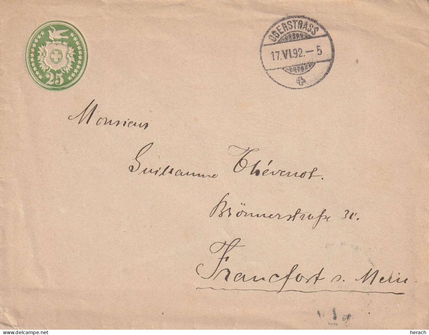 Suisse Entier Postal Oberstrass Pour L'Allemagne 1892 - Ganzsachen