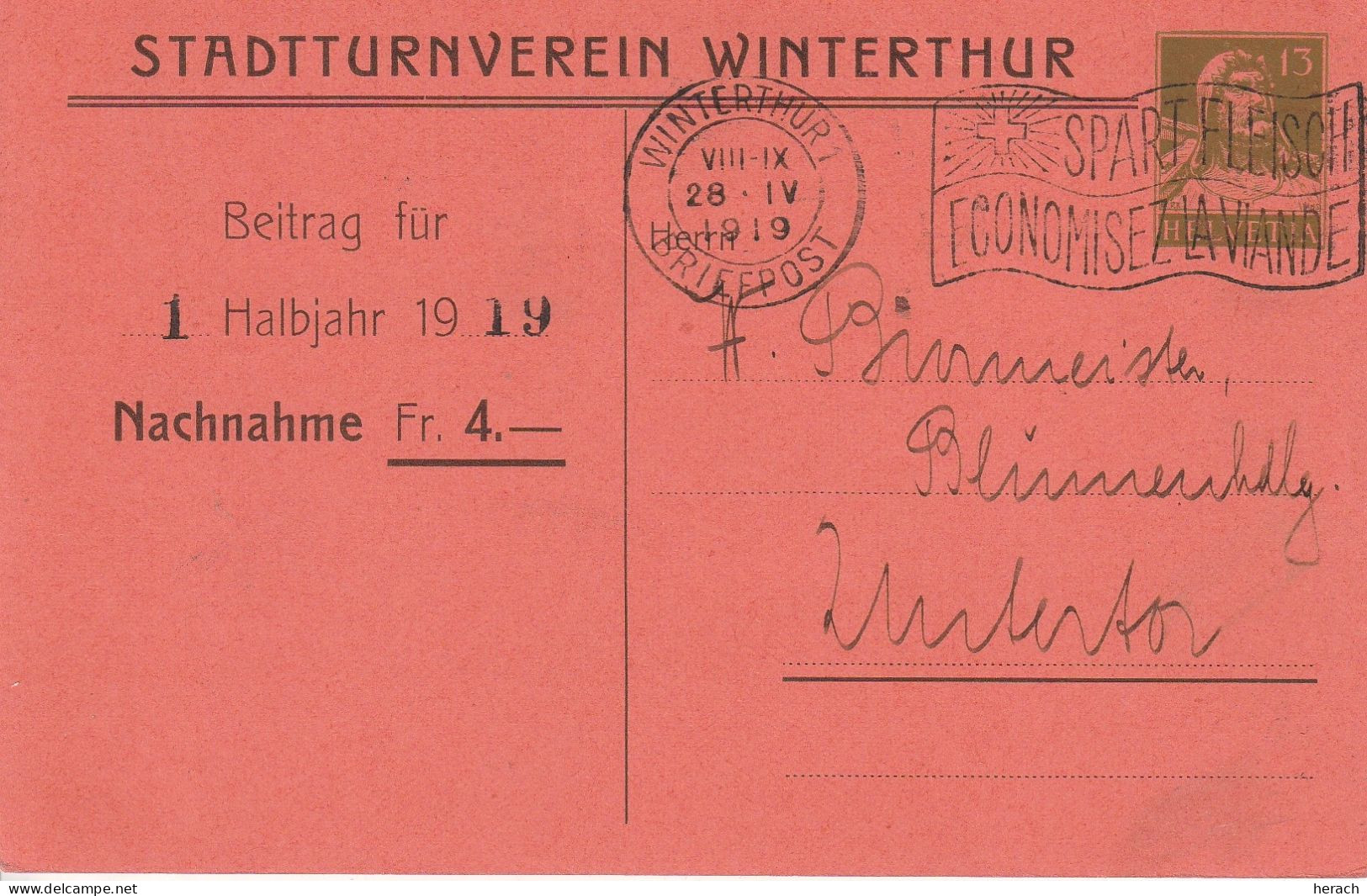 Suisse Entier Postal Privé Contre Remboursement Winterthur 1919 - Postwaardestukken