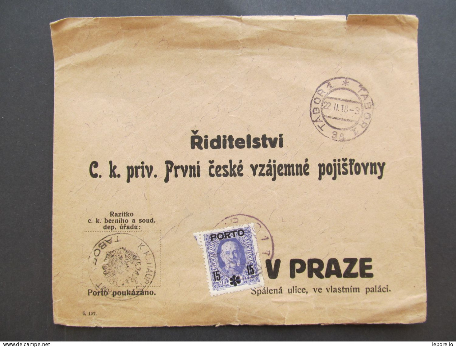 BRIEF Tábor - Praha 1918 PojišťovnaStrafporto Böhmen  / P8606 - Covers & Documents