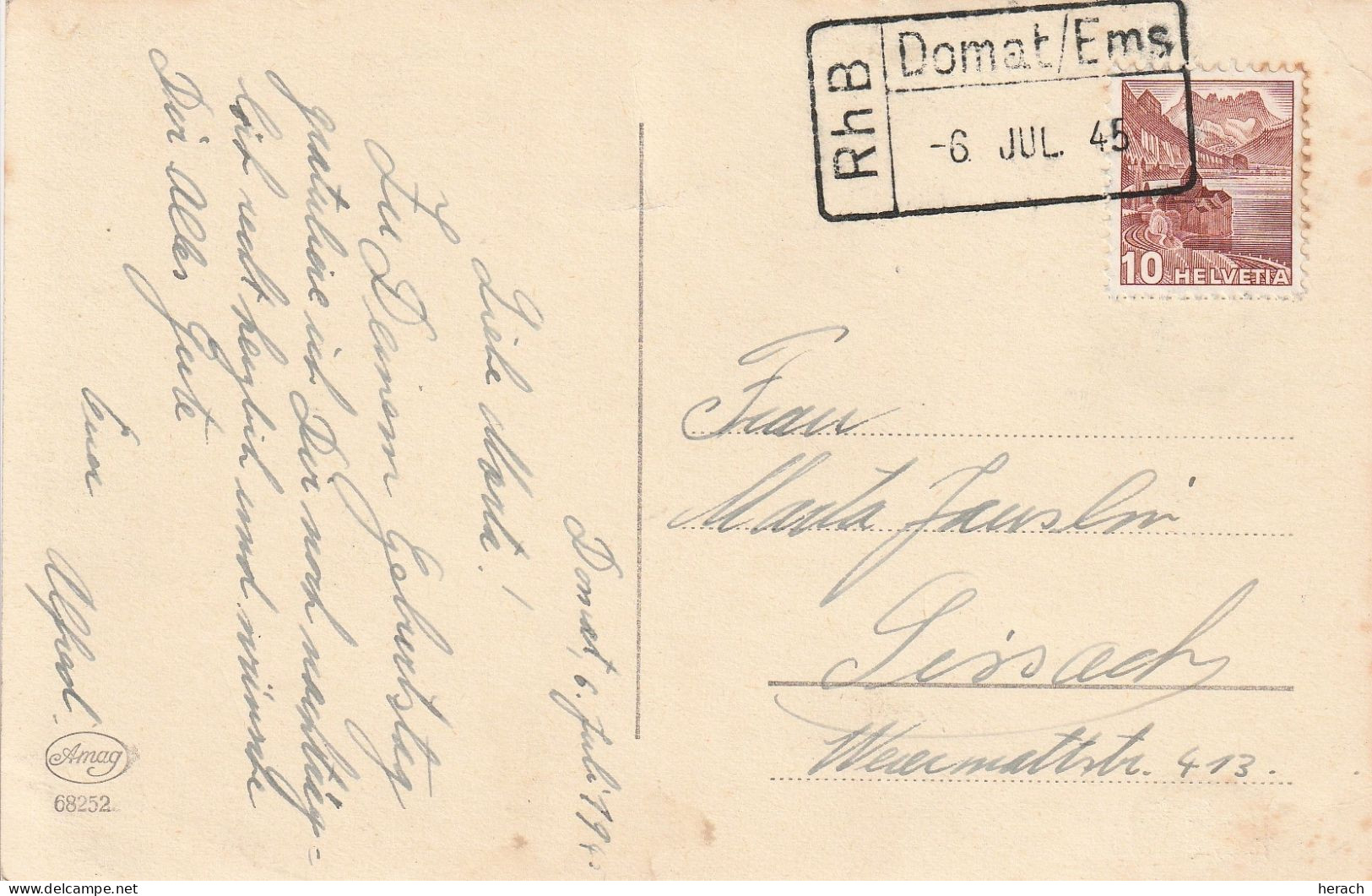 Suisse Cachet Rectangulaire Dormat / Ems Sur Carte 1945 - Marcofilia