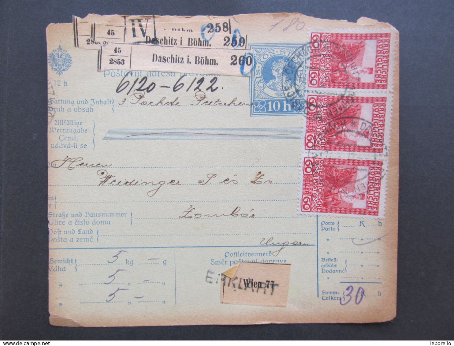 PAKETKARTE Dašice Daschitz - Zombór Postbegleitadresse 1912 Průvodka  / P8604 - Lettres & Documents