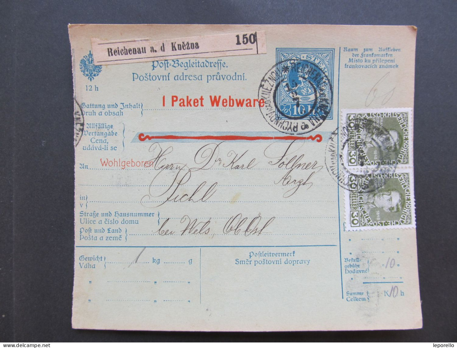 PAKETKARTE Rychnov N.K Reichenau Pichl Wels Postbegleitadresse Průvodka   / P8602 - Lettres & Documents