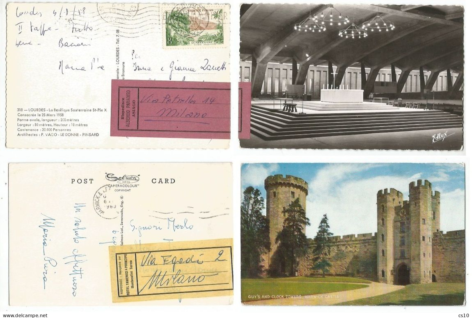 Hotel Mail Forwarding Labels # 2 Pcards From UK & France By 2 Different Italy Hotels Asiago 1958 & Montecatini Terme '63 - Hôtellerie - Horeca