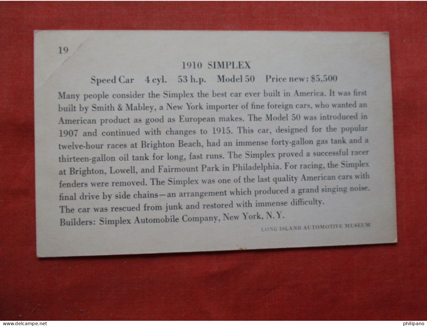 Non Postcard Information On Back.----------- 1910 Simplex    Ref 6392 - Passenger Cars