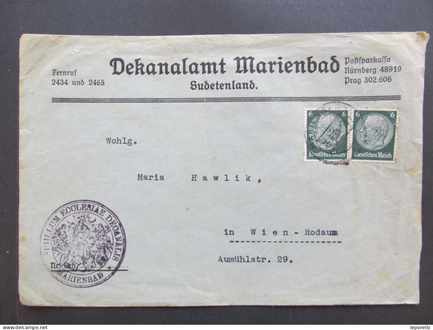 BRIEF Marienbad Mariánské Lázně - Wien Dekanalamt Sudetenland 1939 / P8584 - Sudetenland