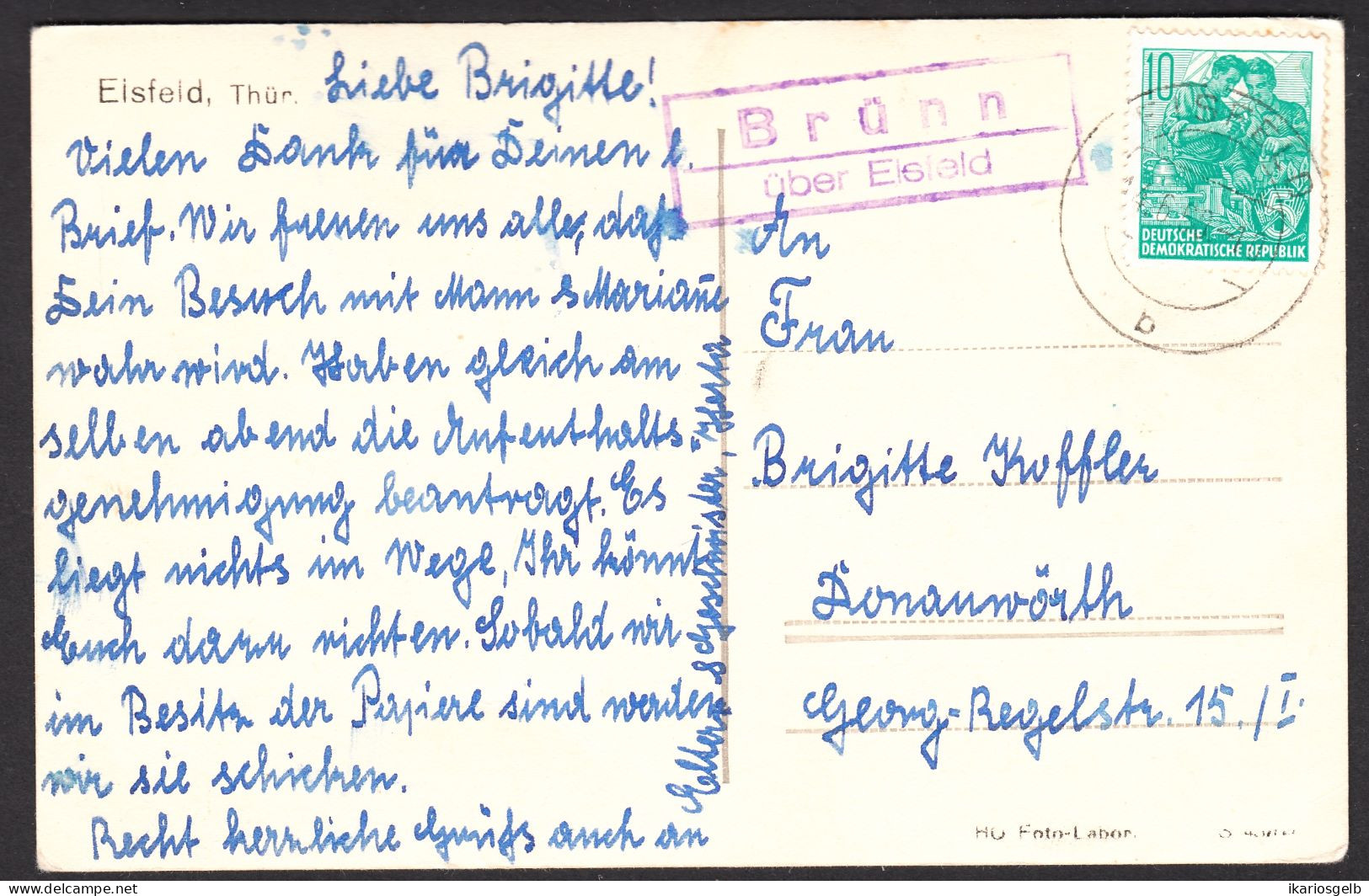 BRÜNN über EISFELD Krs Hildburghausen 1956 LANDPOSTSTEMPEL Blau 10Pf-Aufbau Ansichtskarte Eisfeld > Donauwörth - Briefe U. Dokumente