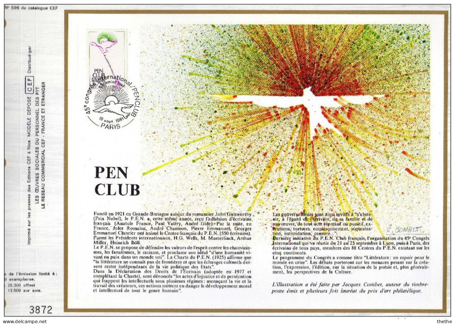 FRANCE - 45e Congrès International Du "P.E.N. Club" . Poètes ,Essayistes Et Romanciers - N° 598 Du Catalogue CEF - 1980-1989