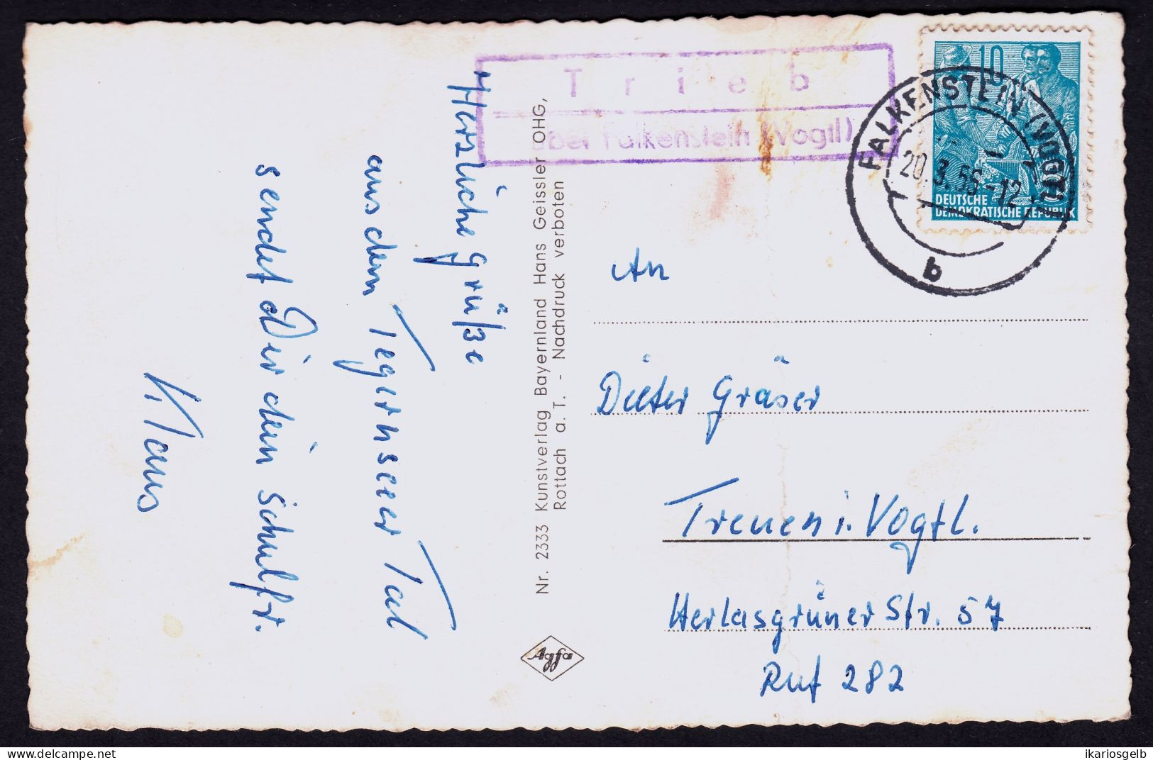 TRIEB über FALKENSTEIN Vogtland 1956 LANDPOSTSTEMPEL Blau 10Pf-Aufbau > Treuen - Briefe U. Dokumente