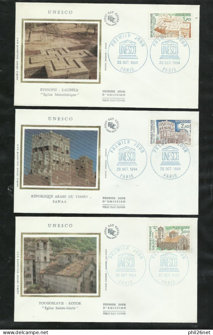 3 FDC Lettres Illustrées Premier Jour Paris Le 20/10/1984  Service N° 79 à 81  UNESCO Cachet Illustré Bleu B/TB  Soldé - 1980-1989