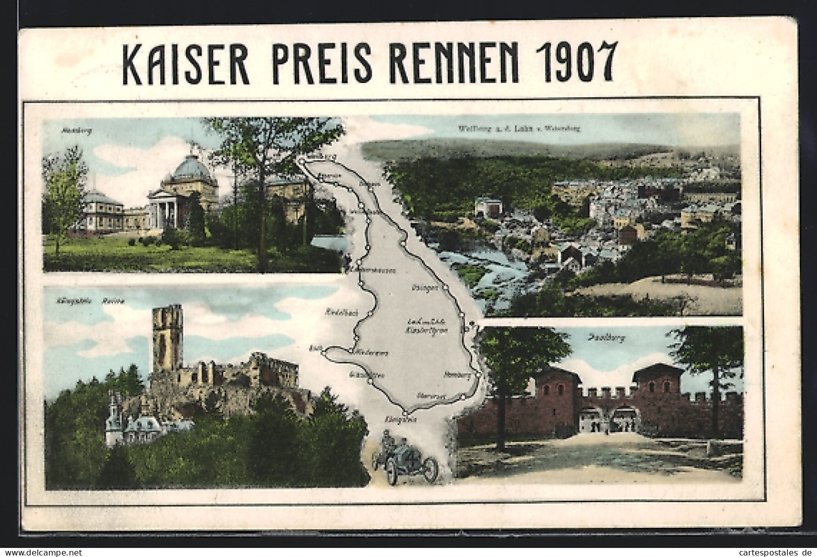 AK Kaiser Preis Rennen 1907, Rennwagen & Karte Der Rennstrecke, Ortsansichten, Saalburg, Homburg, Weilburg & Königste  - Autres & Non Classés