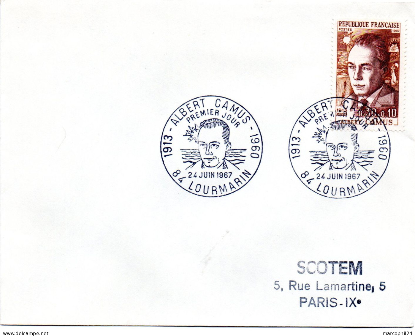 ECRIVAIN / ALBERT CAMUS = 84 LOURMARIN 1967 = CACHET PREMIER JOUR Illustré + N° 1514 Sur ENVELOPPE - Escritores