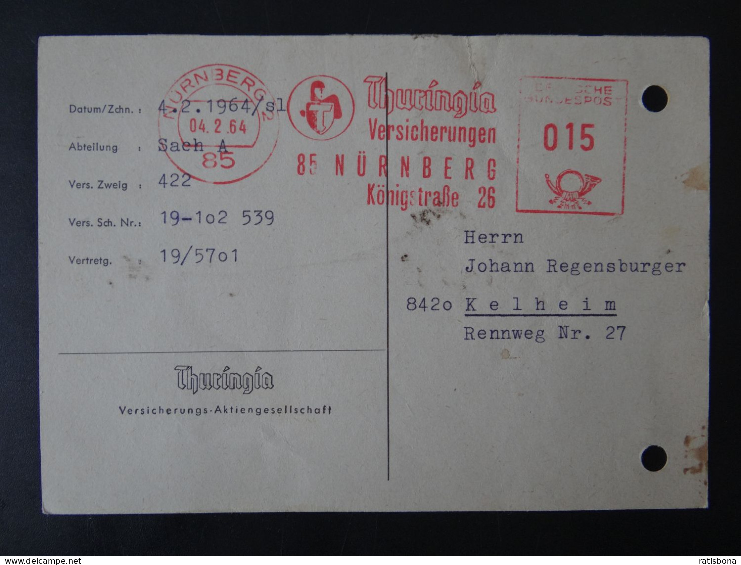 8500 Nürnberg - Postkarte / Thuringia Versicherungen - Maschinenstempel Rot 1964 - Frankeermachines (EMA)