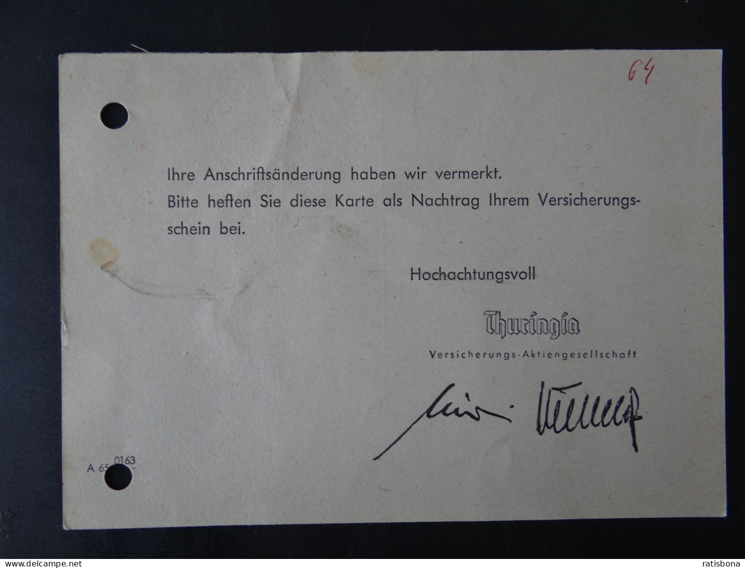 8500 Nürnberg - Postkarte / Thuringia Versicherungen - Maschinenstempel Rot 1964 - Maschinenstempel (EMA)