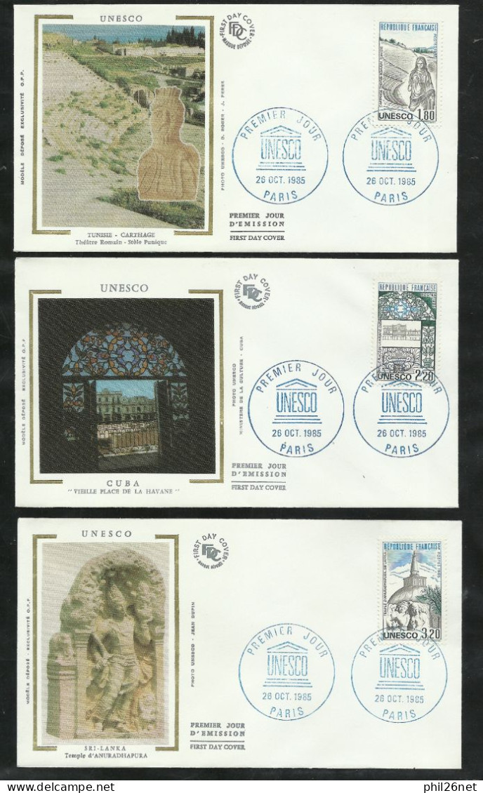 3 FDC Lettres Illustrées Premier Jour Paris Le 26/10/1985  Service N° 79 à 81  UNESCO Cachet Illustré Bleu B/TB  Soldé - 1980-1989