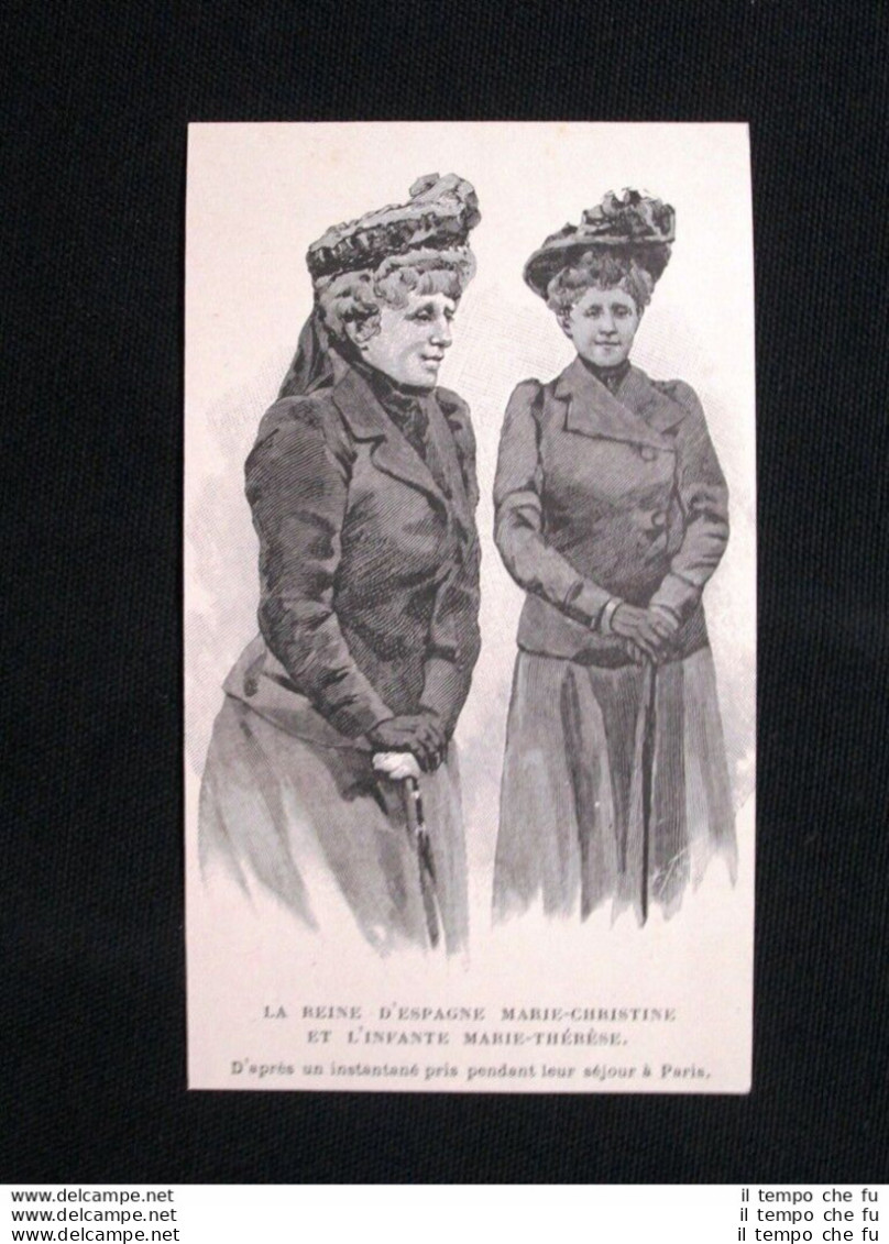 La Regina Di Spagna Marie Christine E L'infanta Marie Therese Stampa Del 1902 - Autres & Non Classés
