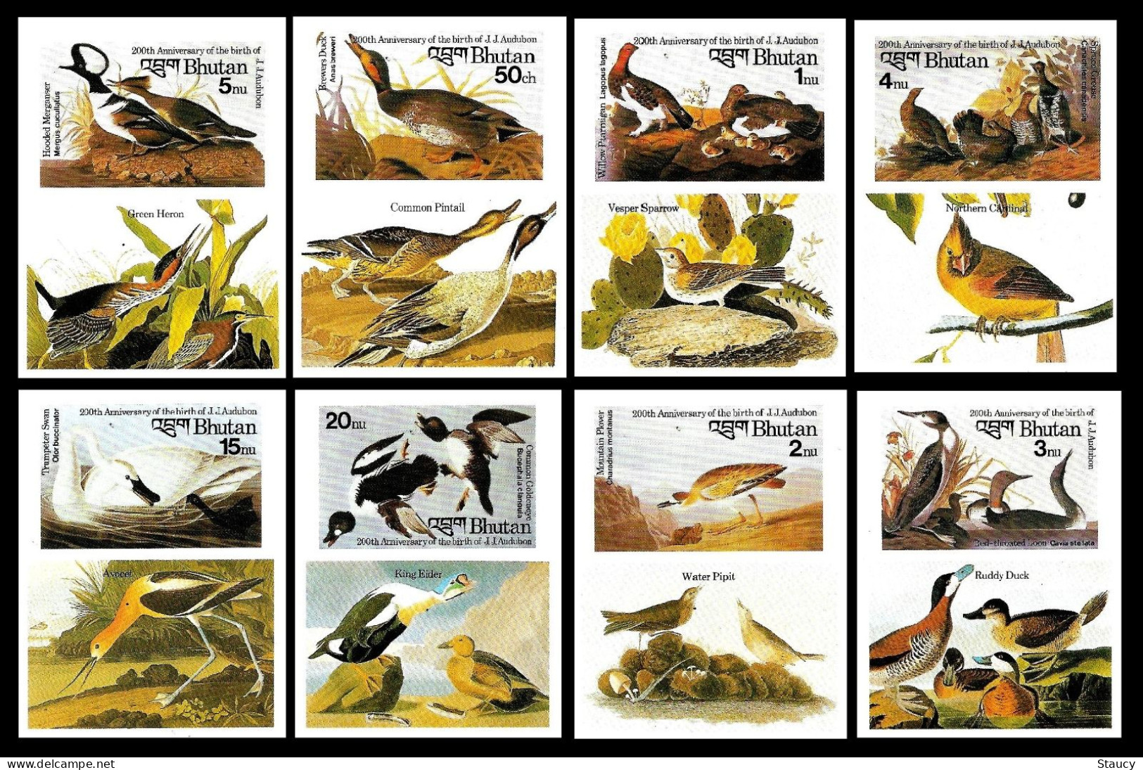Bhutan 1985 Birds Audubon Complete Set Of 8 "Imperf" Stamps With Vignette MNH, As Per Scan, Only One Available - Bhutan