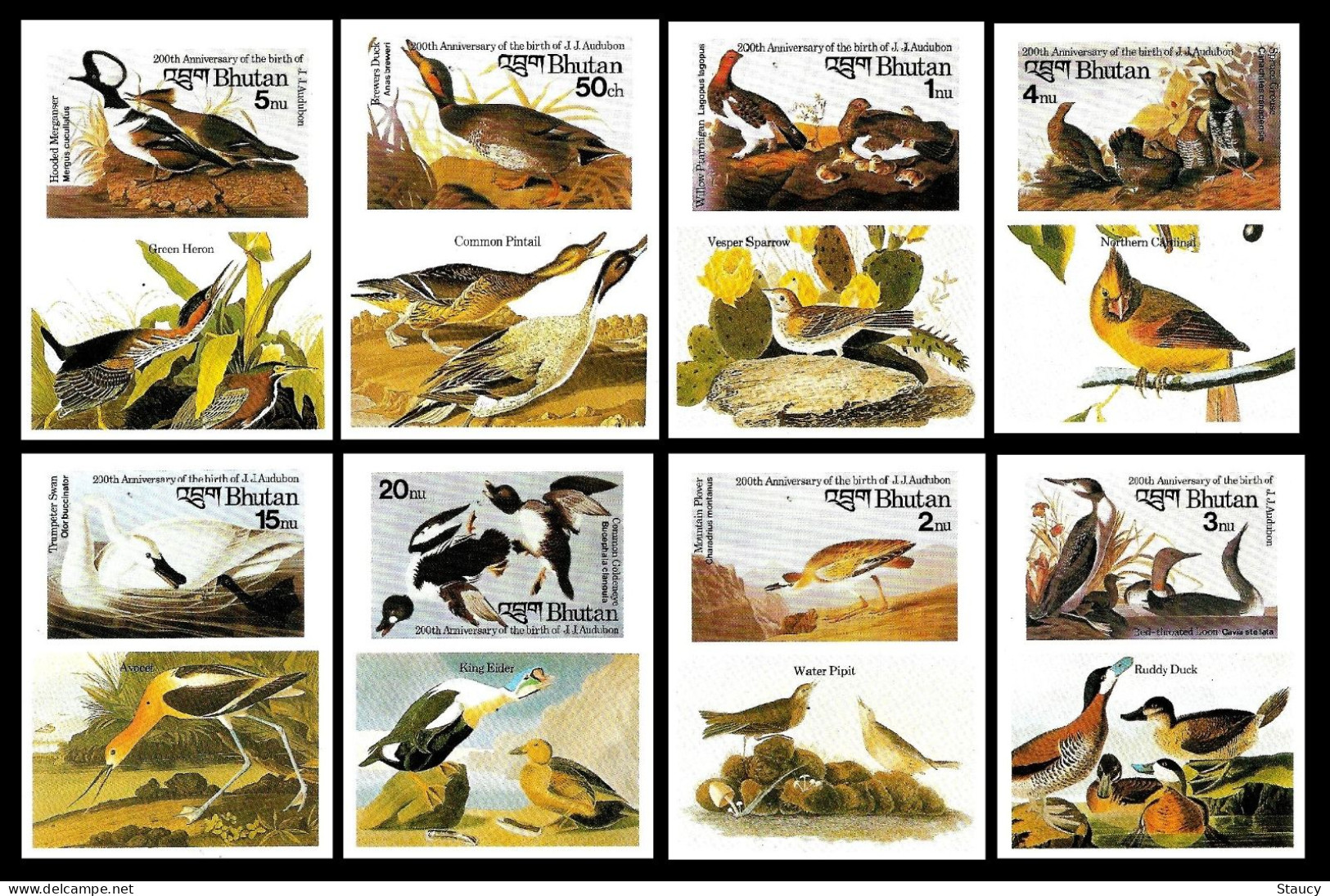 Bhutan 1985 Birds Audubon Complete Set Of 8 "Imperf" Stamps With Vignette MNH, As Per Scan, Only One Available - Bhután