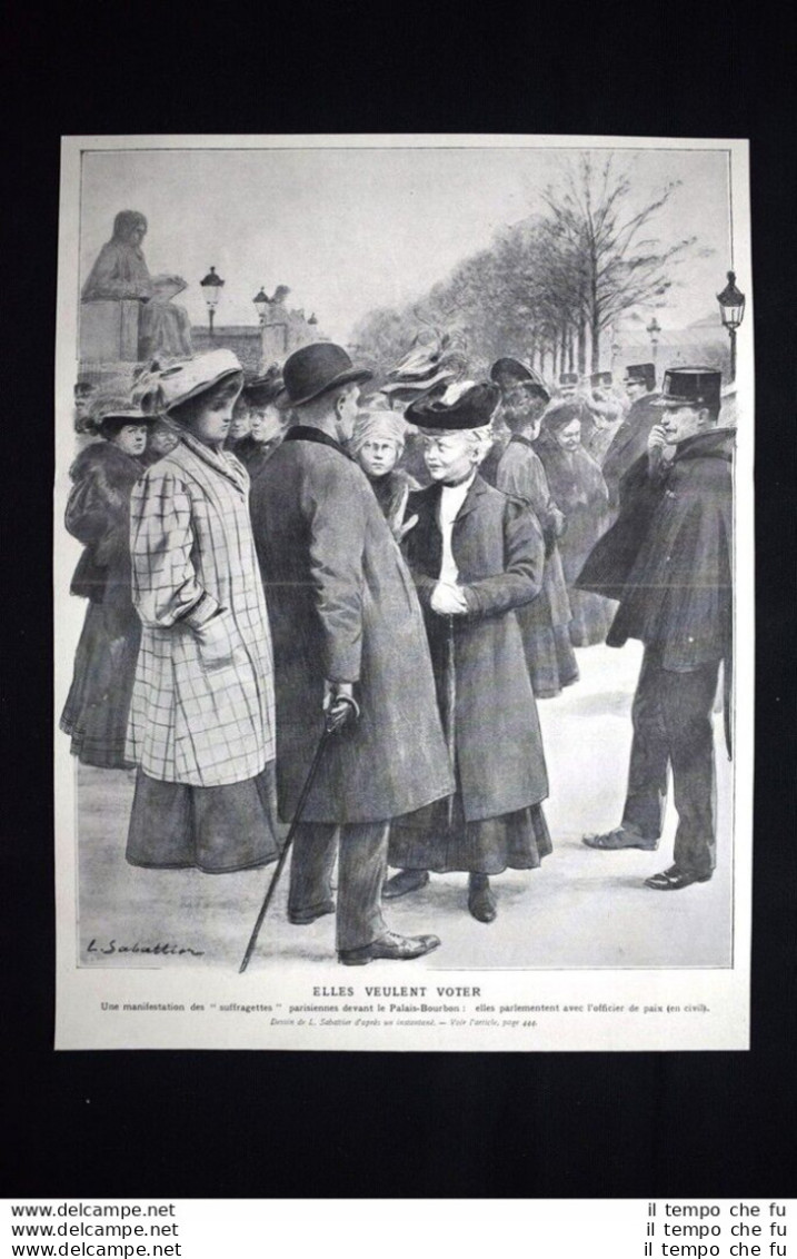 Una Manifestazione Di "suffraggette" Davanti Il Palazzo Borbone Stampa Del 1906 - Sonstige & Ohne Zuordnung