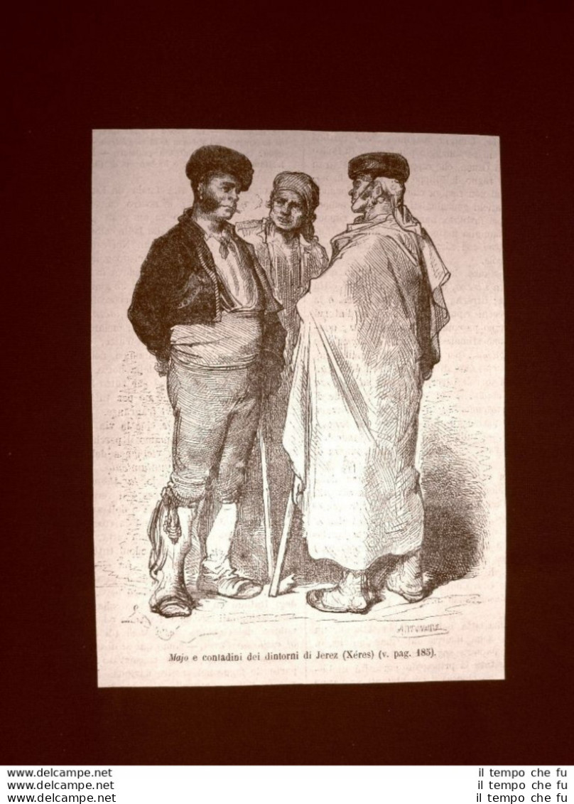 Incisione Di Gustave Dorè Del 1874 Majo E Contadini Di Jerez O Xéres Spagna - Avant 1900